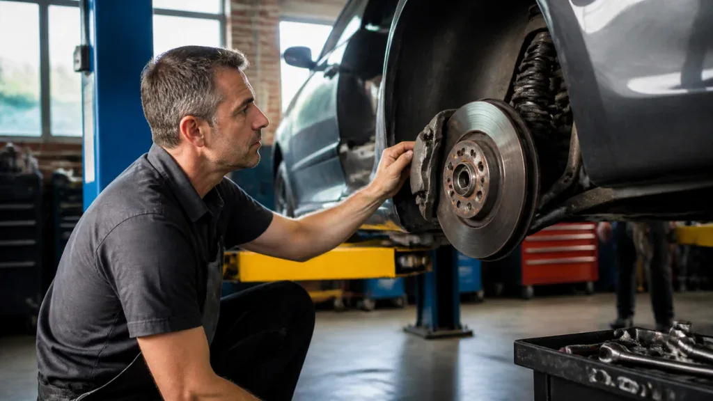 Auto mechanic inspecting brake system on vehicle at 770 Auto Service.
