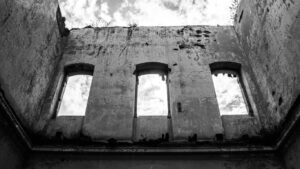 a building with broken windows