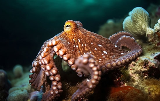 Closeup of a callistoctopus macropus on coral reef underwater