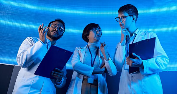 futuristic solutions, multiethnic scientists with clipboards tal