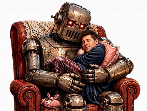 illustration of sam altman hugged by maternal ai robot