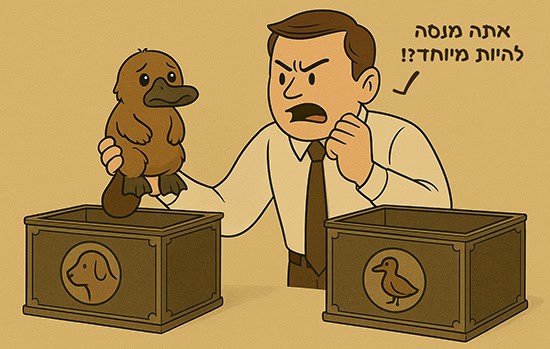 איור קומי חוקר שואל ברווזן אם הוא מנסה להיות מיוחד