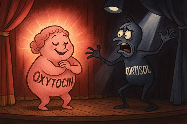 איור קומי של אוקסיטוצין וקורטיזול כשתי דמויות מואנשות