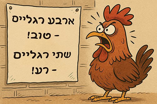 איור קומי תרנגול מביט בכעס על כרזת 4 רגליים טוב 2 רגליים רע