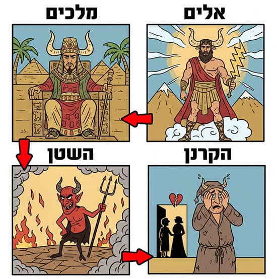 4 איורים שמשקפים את סמליות הקרניים לאורך ההיסטוריה האנושית