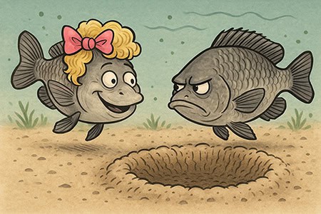 איור קומי של אמנון נילוס זכר מתחזה לנקבה כדי להפרות בחשאי חלק מהביצים שהוטלו בקן