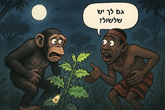 איור קומי של אדם ושימפנזה נפגשים ליד שיח שמשמש את שני המינים להקלת כאבי בטן ובעיות עיכול