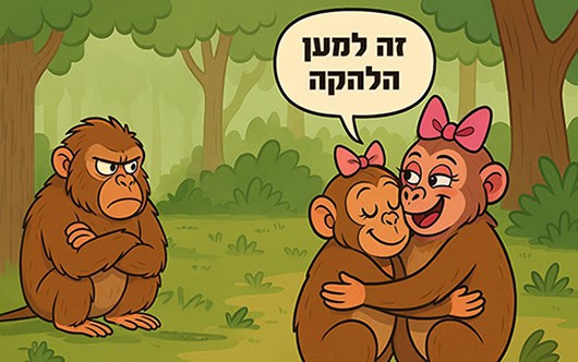 איור קומי של זוג קופות מקוק מתגפפות מסבירות לזכר נעלב ש"זה למען הלהקה"