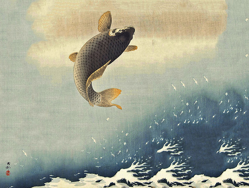 A jumping carp by Ohara Koson