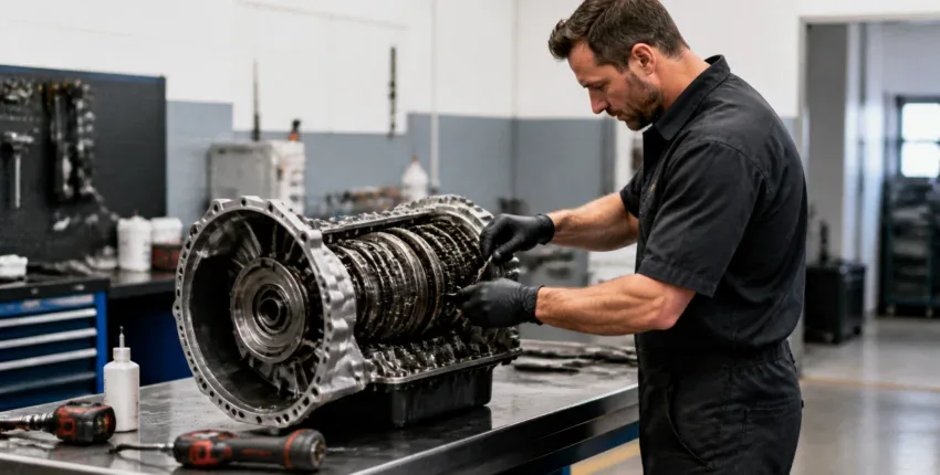 Technician repairing car transmission in auto shop workshop.