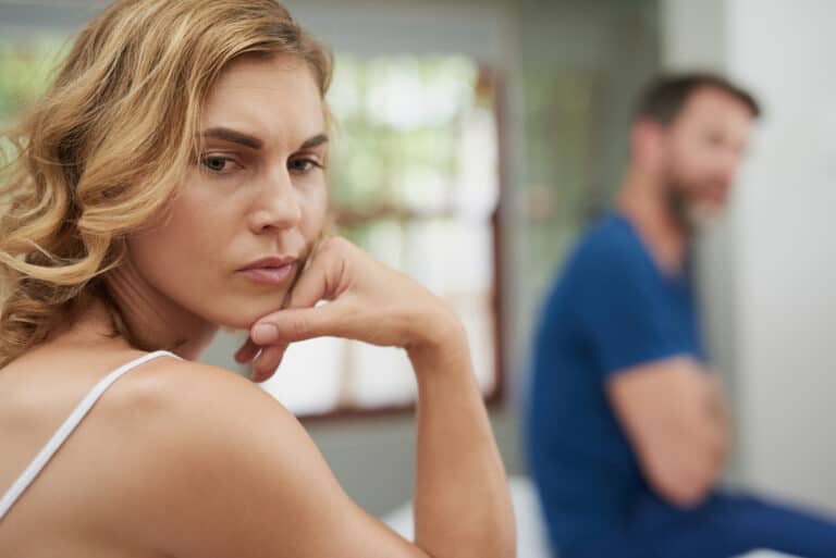 Fight, divorce or couple with anger, conflict or affair with marriage issue, home or ignore. Partners, mature woman or man with frustration, relationship problems or toxic with depression or cheating.