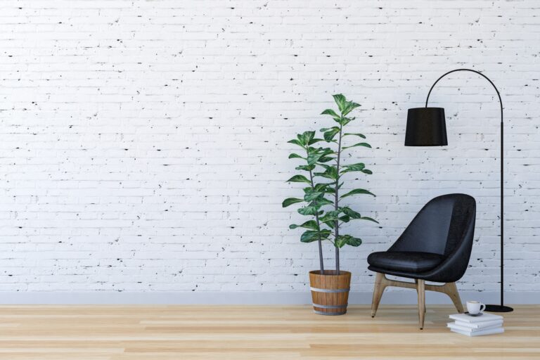 White brick modern living room interior with living space with indoor plant