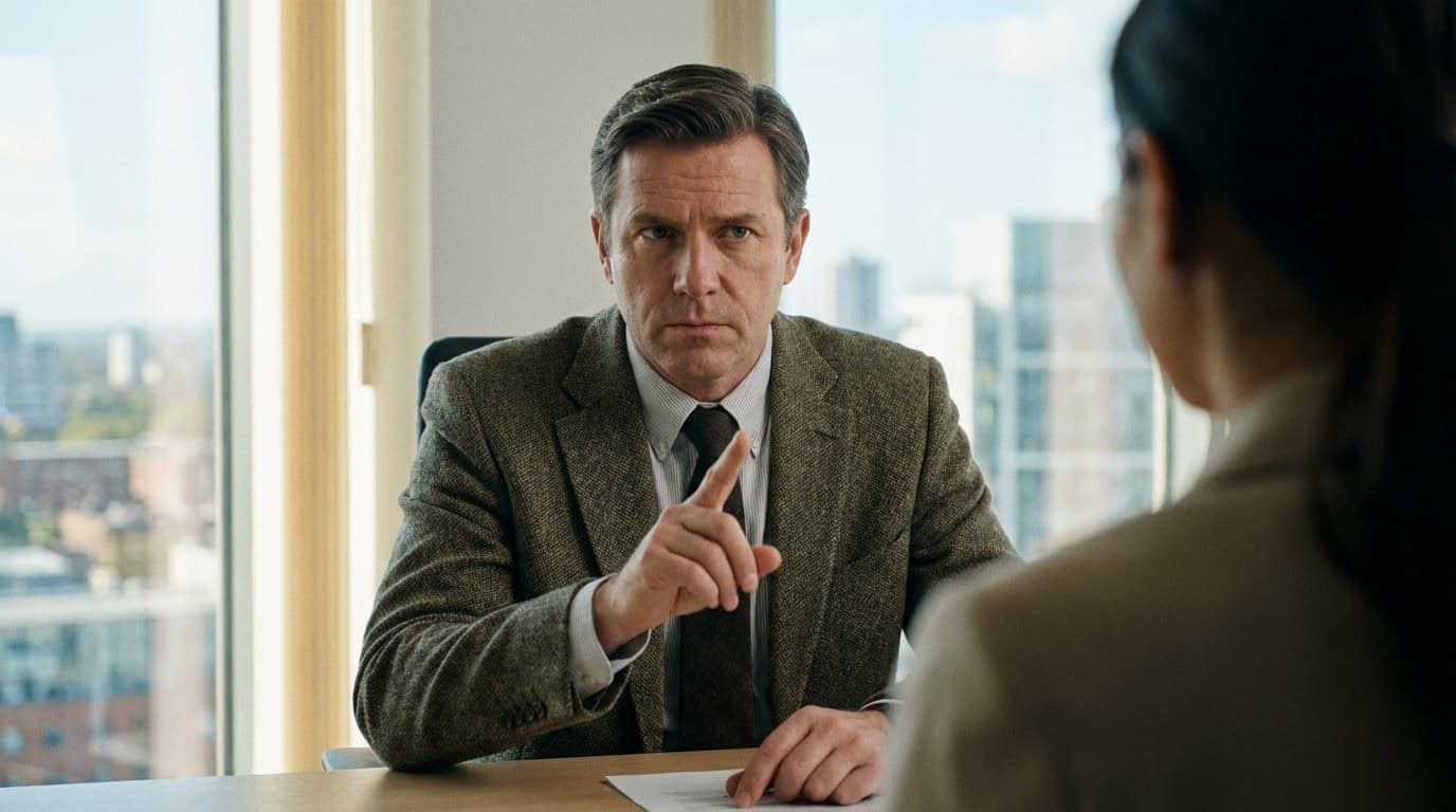 Image of a recruiter in an interview looking straight at the camera and signalling "no" with his finger.