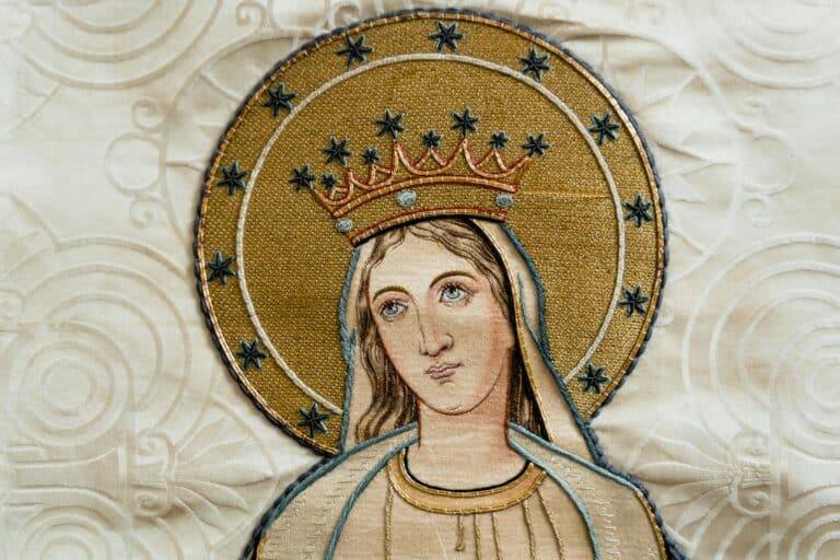 Photo of stitched image of Mary with a halo behind her, Christianity, Jesus