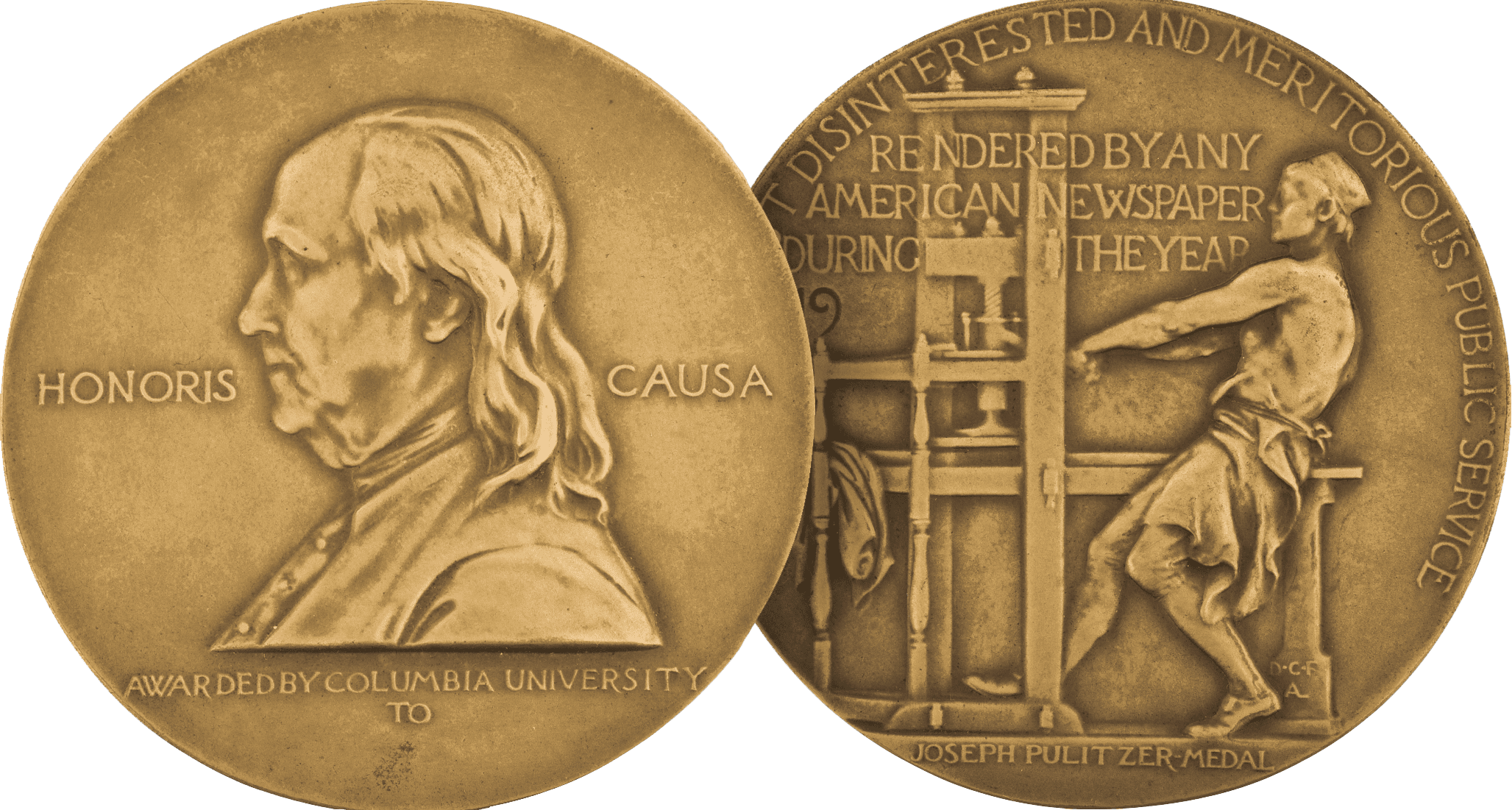 Obverse and reverse sides of the gold Pulitzer Prize