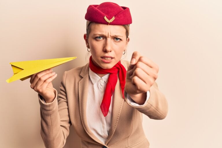 Young beautiful blonde girl wearing stewardess uniform holding paper plane annoyed and frustrated shouting with anger, yelling crazy with anger and hand raised