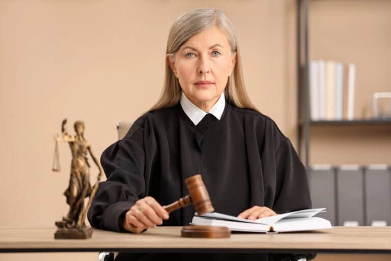 Judge striking mallet at wooden table indoors