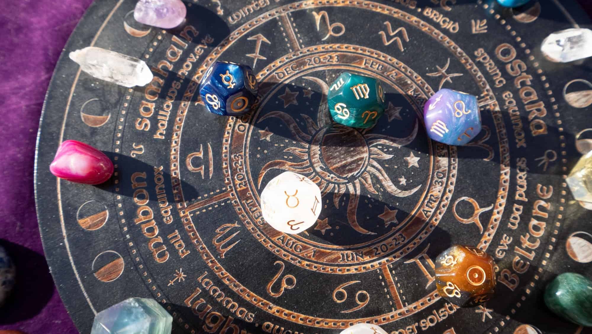 Horoscope zodiac circle with divination dice and birthstones. Fortune telling and astrology predictions charts concept, magic rituals and exoteric experience