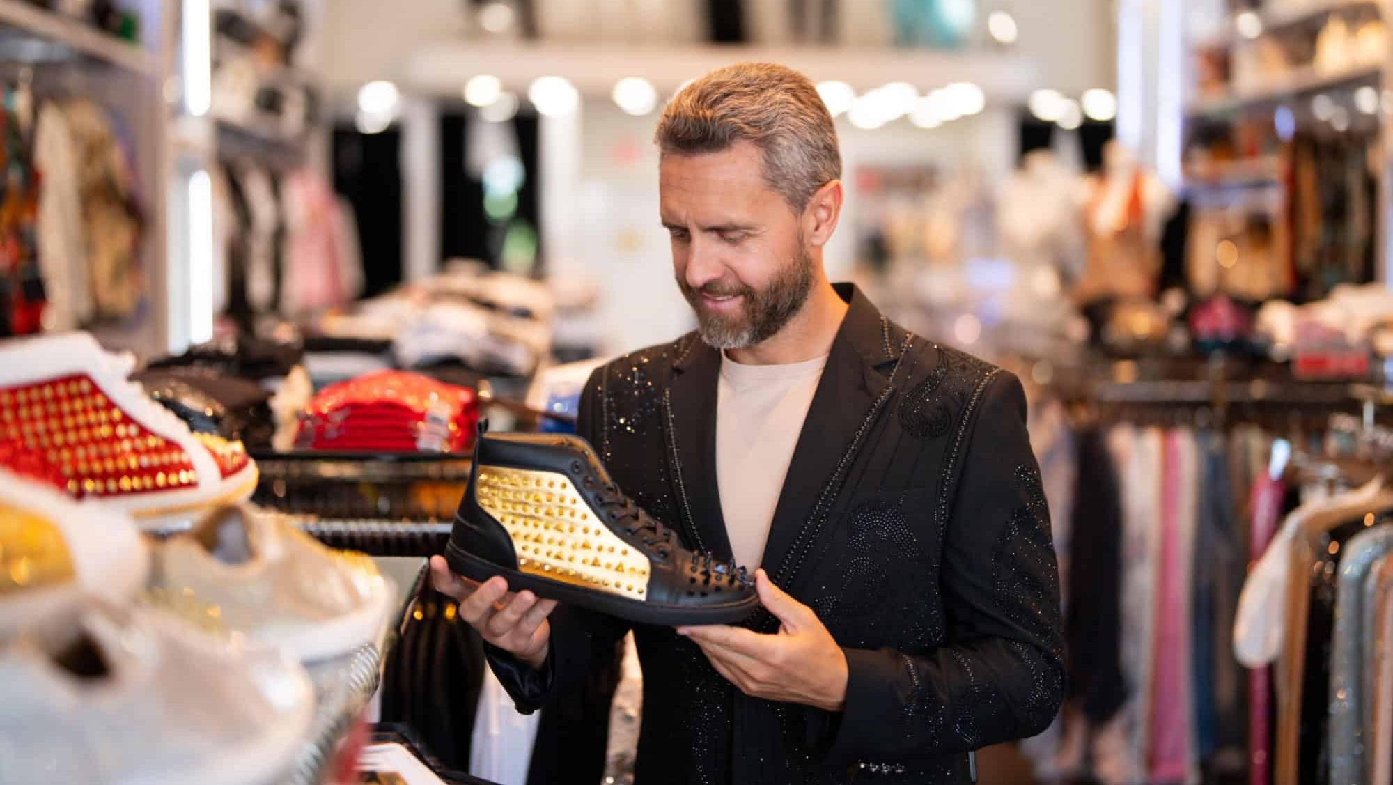 Male shoes fashion shop. Man shopping fashion shoes. Stylish man in cloth boutique. 40s man choosing shoes. Designer clothing selection. Glamour shoes with rhinestones in luxury store.