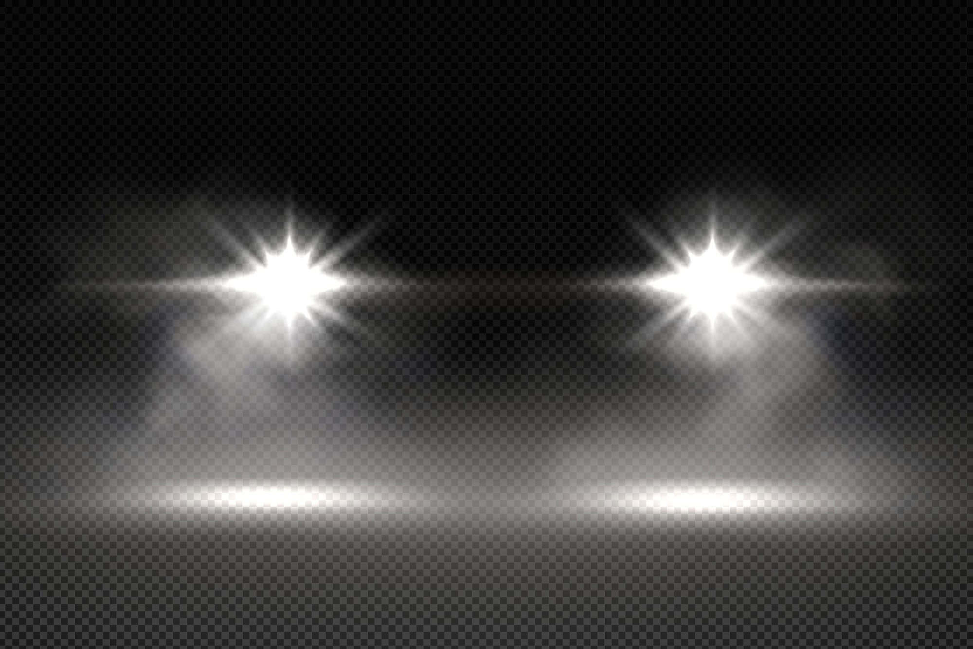 Car headlights, automobile front view light overlay effect. Glowing headlamps, vehicle lamps and smoke, transport at night