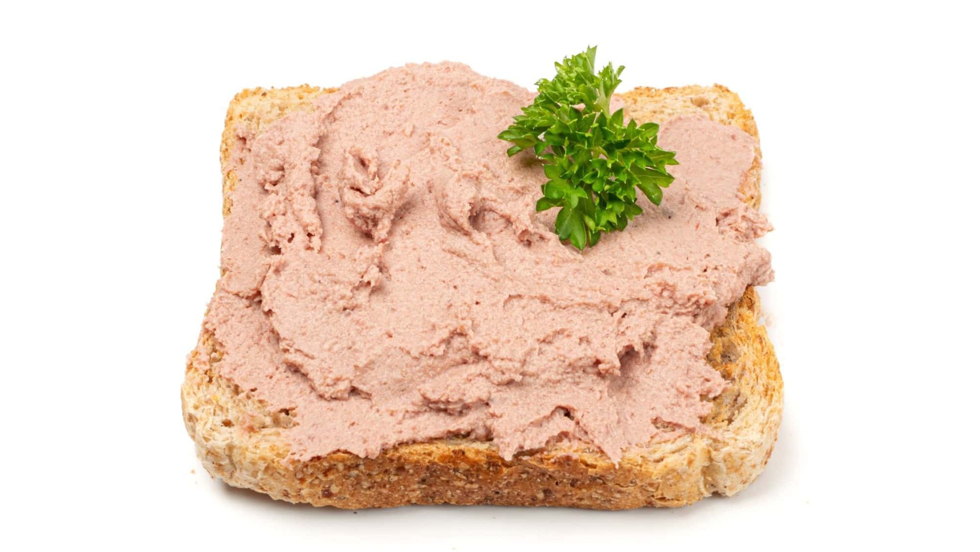 Meat Paste Toast Bread Isolated, Tuna Pate Sandwiches, Terrine Toasts, Chopped Liver Mousse on Bread, Fish Paste Canape on White Background