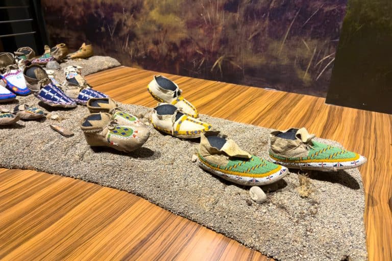 Danville, CA - April 18, 2025: Native American Beaded Moccasin Display in Museum Exhibit.
