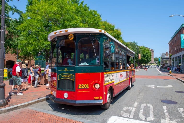SALEM, MA, USA - JUL. 25, 2019: Salem Trolley in historic town Salem, Massachusetts MA, USA.