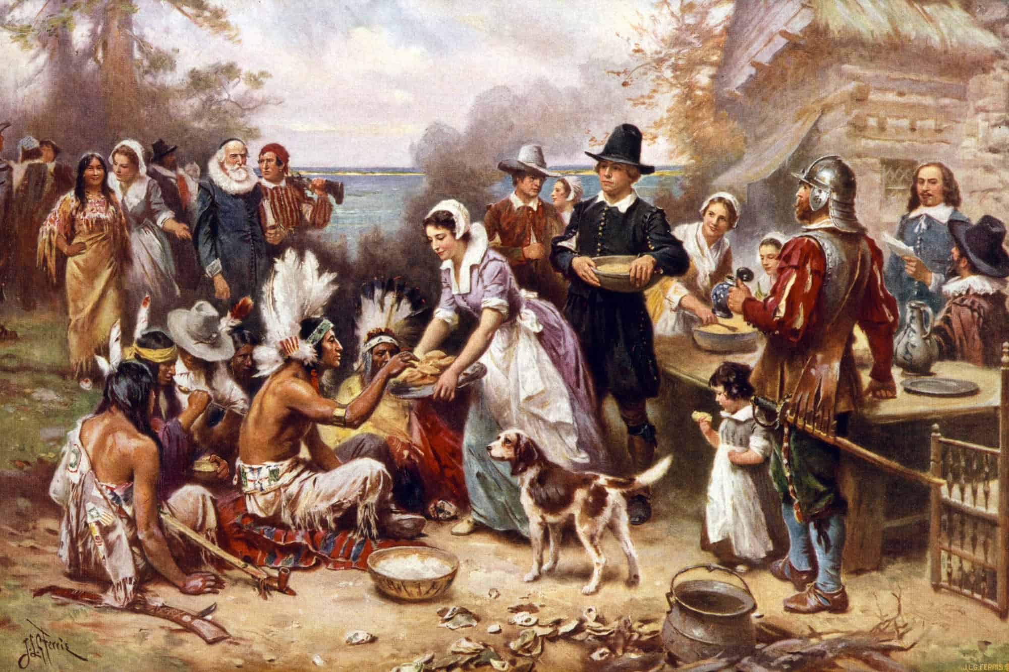 The first Thanksgiving, 1621, Pilgrims and natives gather to share a meal, oil painting by Jean Louis Gerome Ferris, 1932.