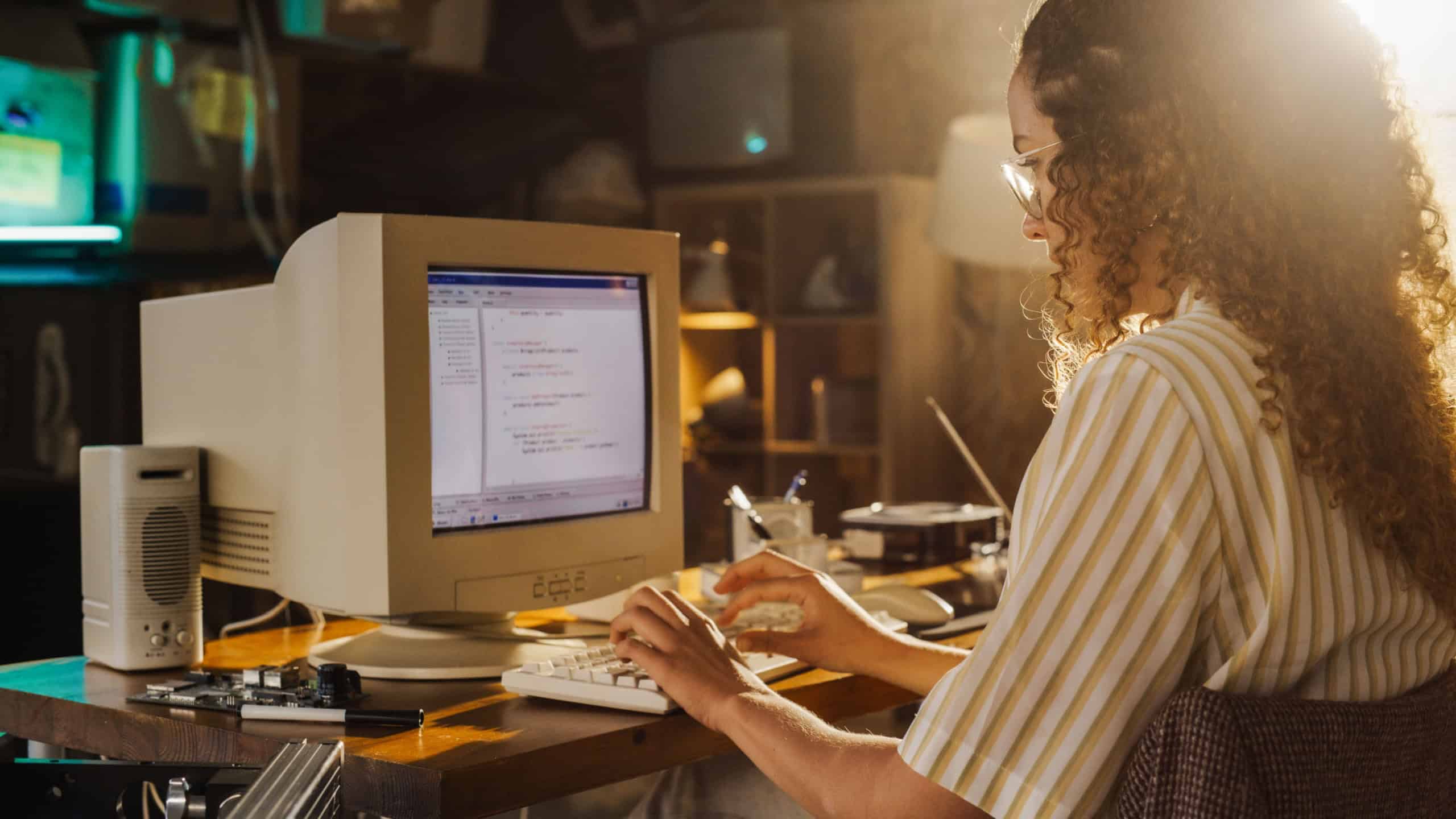 Side View Of Hispanic Female Engineering Student Writing Academic Thesis On Old Desktop Computer In Retro Garage. Future Engineer Focused On Innovative Project For University Of Technology In Nineties