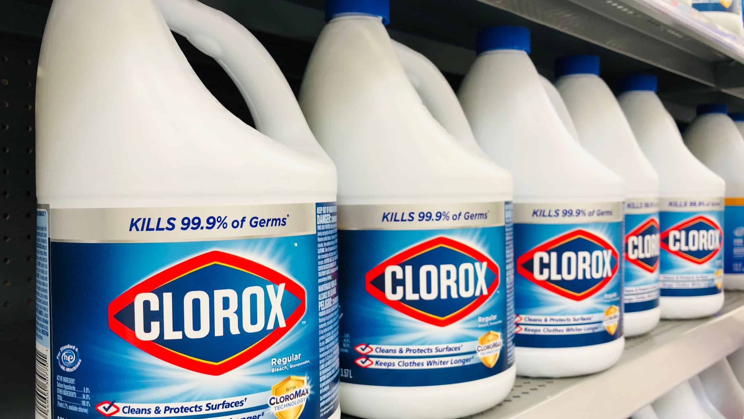 San Jose, CA - April 24, 2019: Clorox bleach on white containers on a store shelf.