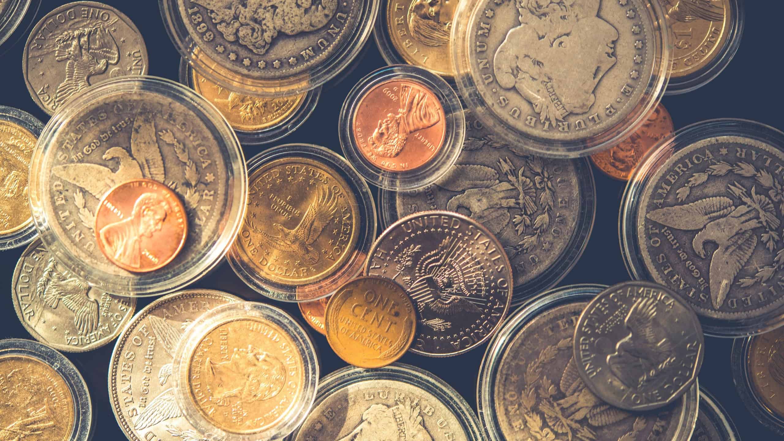 Plenty of Collectible Coins in Closeup Photography. Vintage United States of America Coins. Some in Air-Tite Holders.
