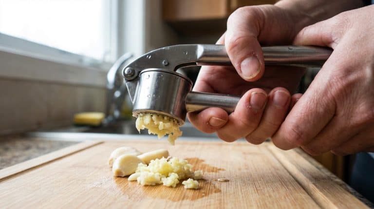 Close-up image of a woman using a garlic press