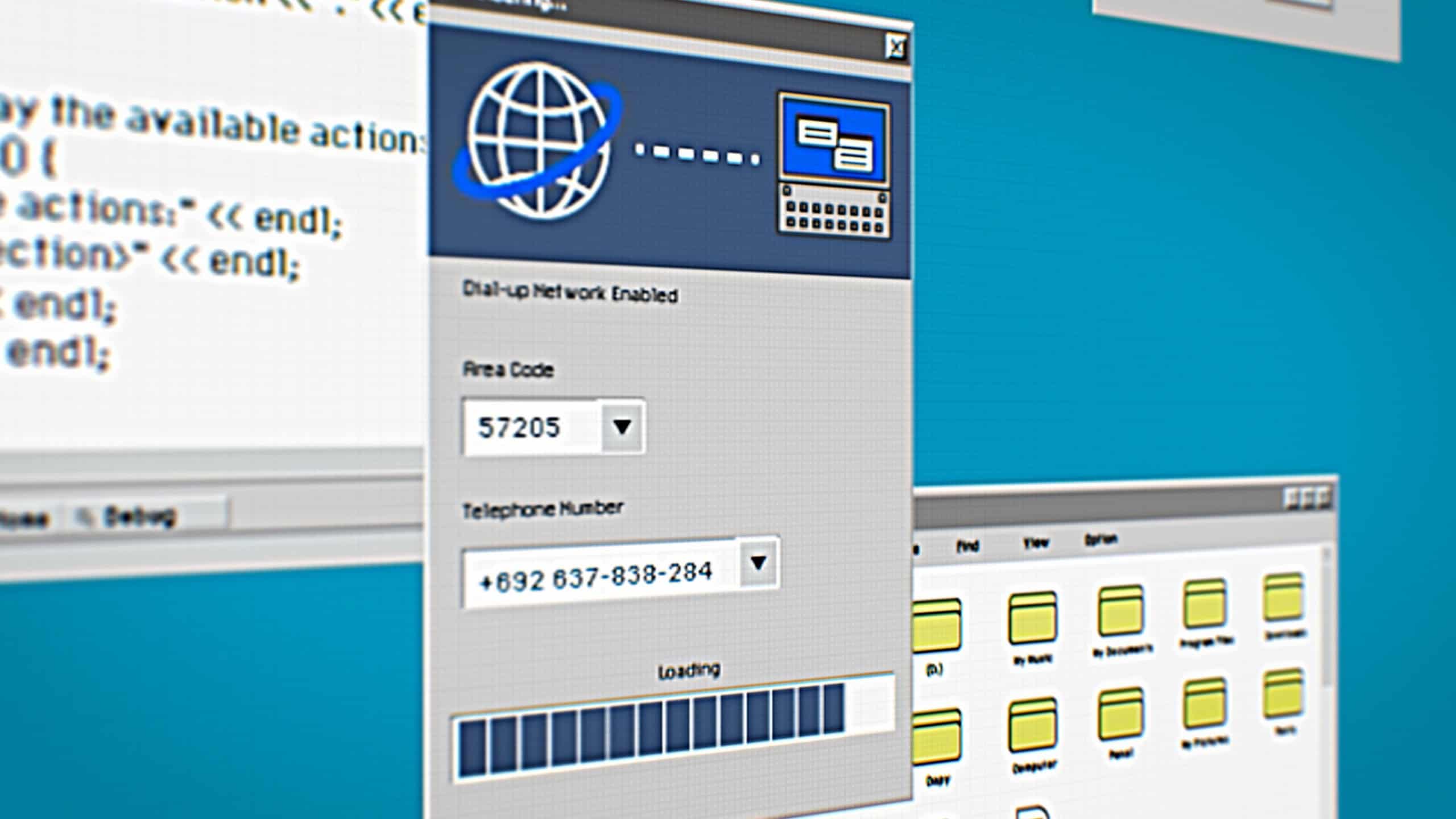 Nostalgic Process of Connecting to the Internet via Dial-up Modem on a Computer. Retro Interface Elements and Loading Animations on Screen. Tech Journey to the Early Days of Online Connectivity