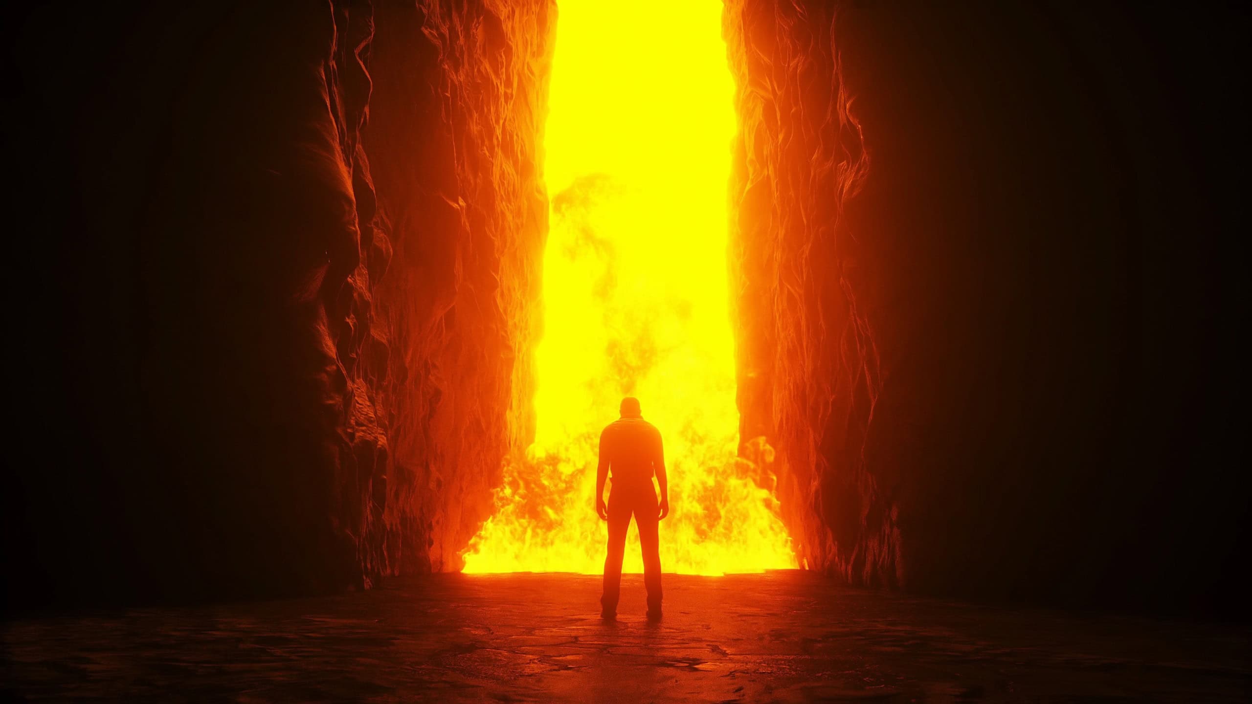 Sinner. A lonely sinfull man stands in front of a hell gates. Hell fire. Religious concept. 3d rendering.
