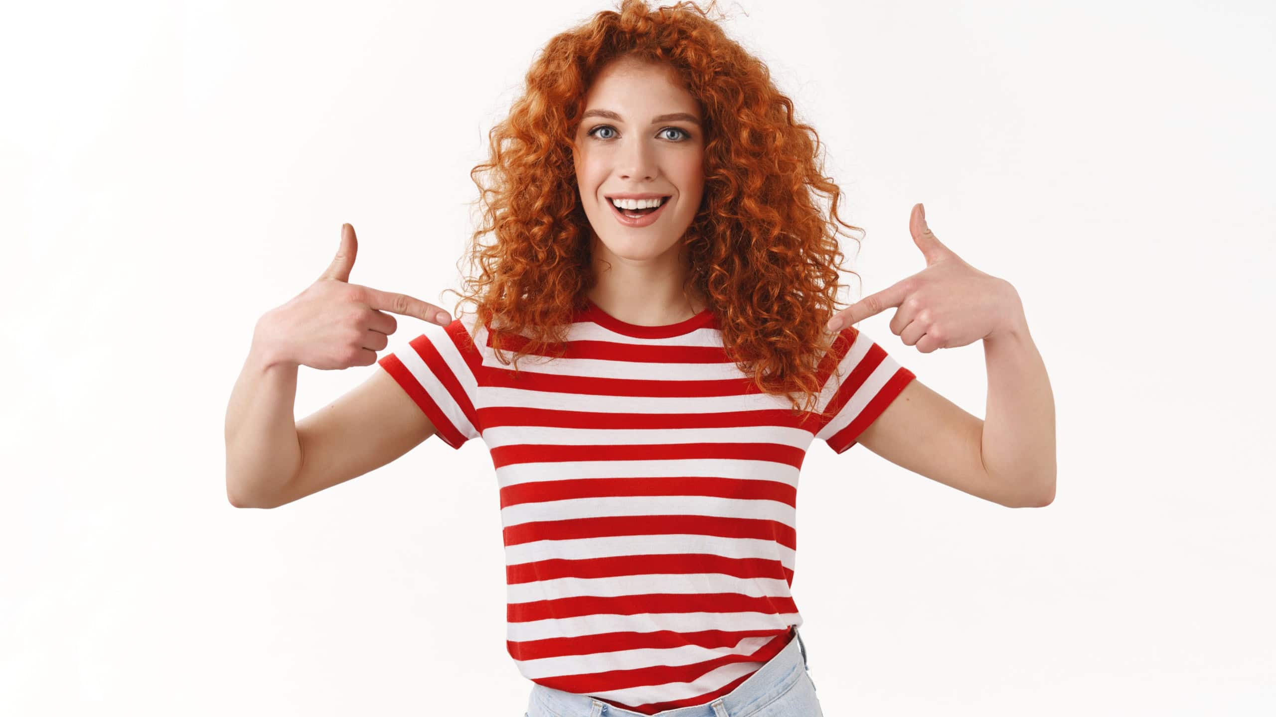 You need me. Proud boastful confident good-looking redhead curly stylish woman pointing herself suggest own candidature bragging accomplishments assured she ready, white background