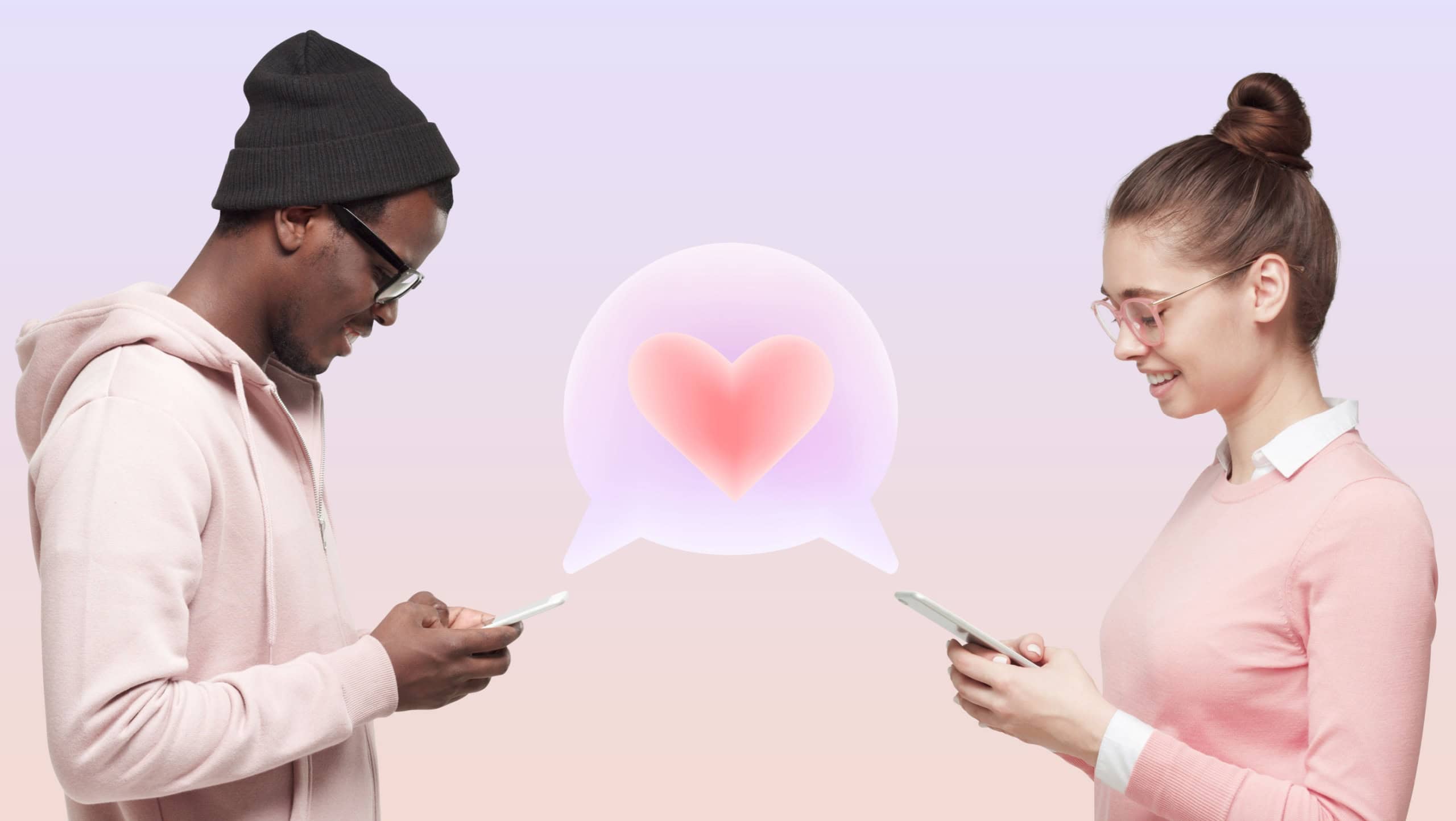 Side view of African American guy and Caucasian girl standing against each other using smartphones, sending like icon, matching in dating application. Social media and relationships concept