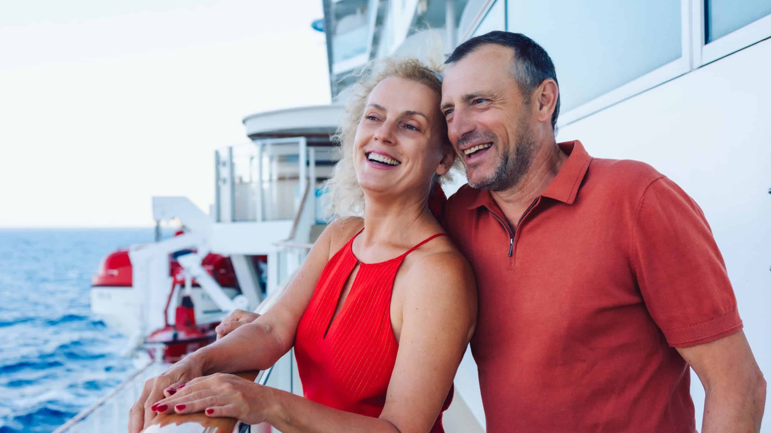 Couple in love on cruise ship. Man and woman in love enjoying their romantic vacation. High quality photo