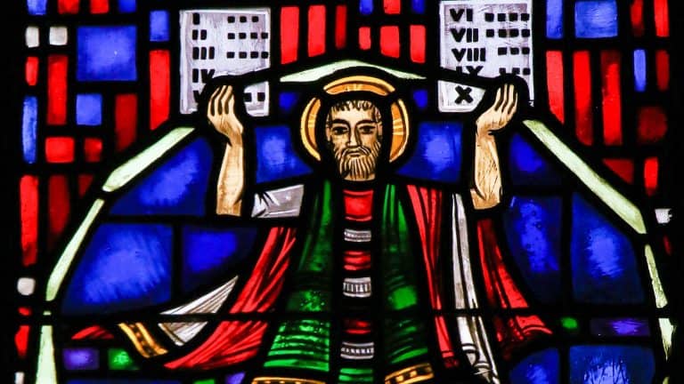WORMS, GERMANY - JULY 4, 2017: Stained Glass in Wormser Dom in Worms, Germany, depicting Moses with the Stone Tablets and the Ten Commandments