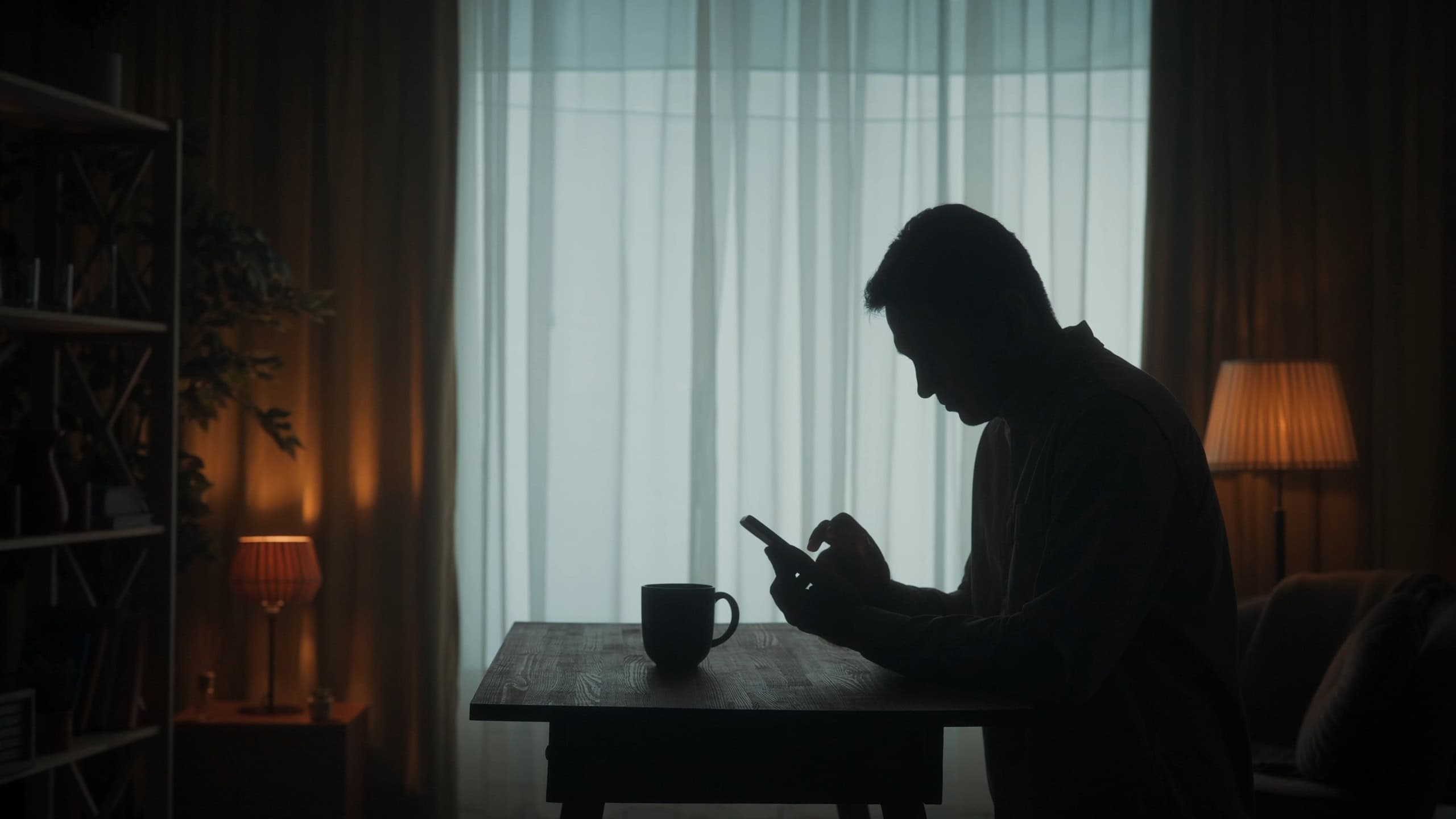 A man stands at a table with a phone in his hands, a cup of coffee stands nearby. A man types a message, looks at photos, videos. The dark silhouette of a man in the living room.
