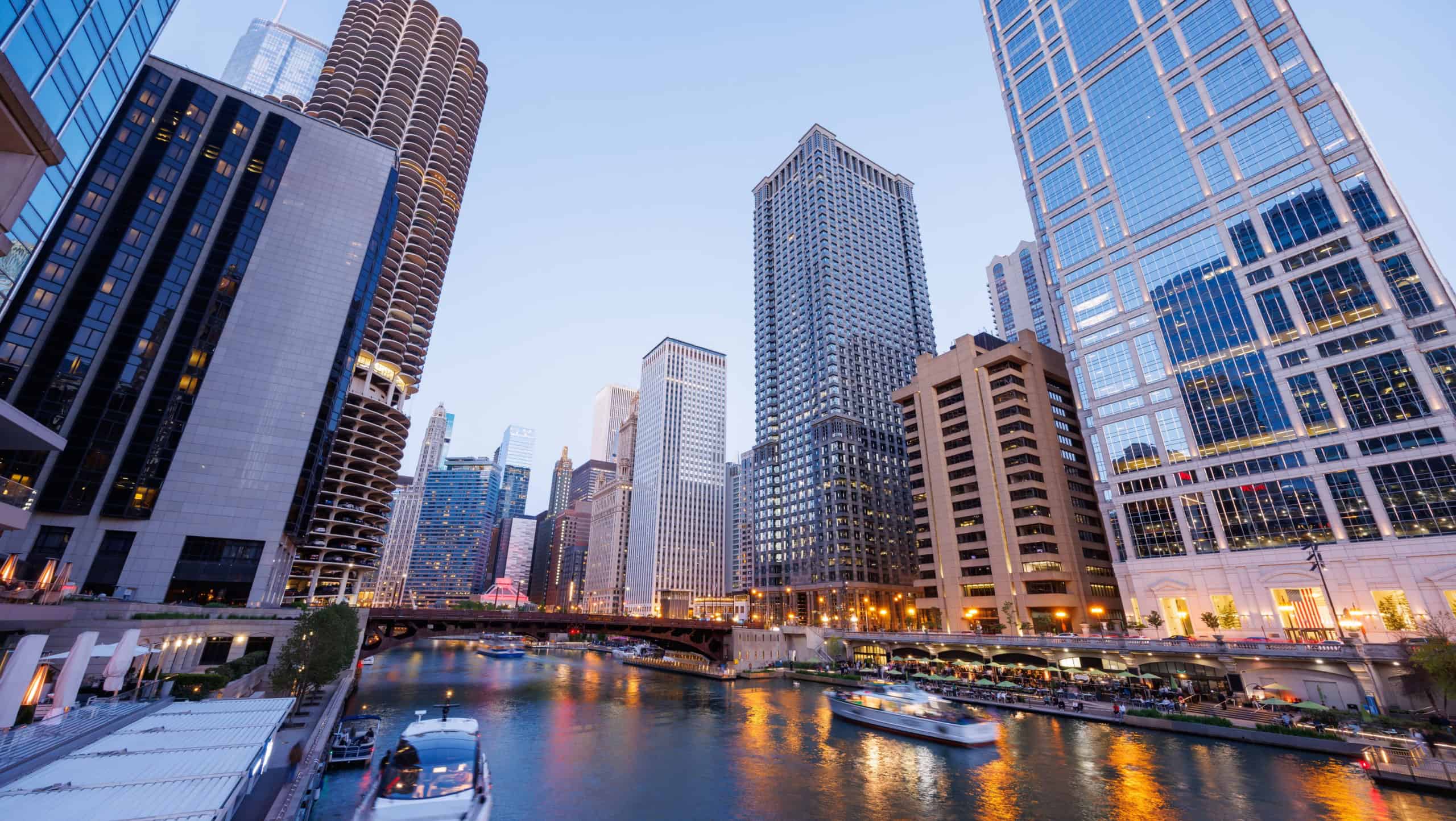 Chicago, Illinois, USA - May 25 2025: Scenic view of downtown Chicago during sunset with iconic skyscrapers