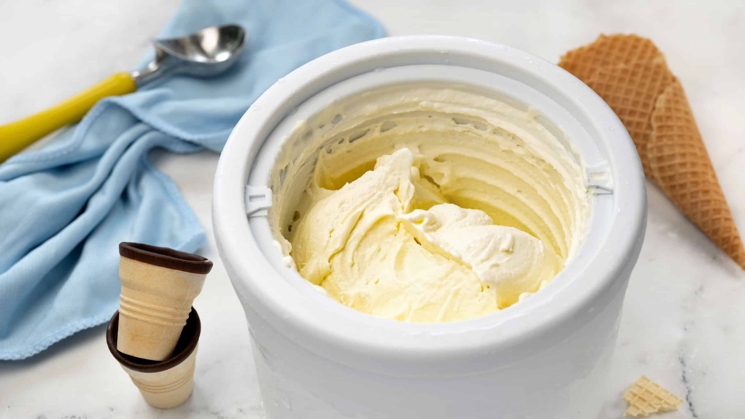 Homemade vanilla ice cream in ice cream maker.