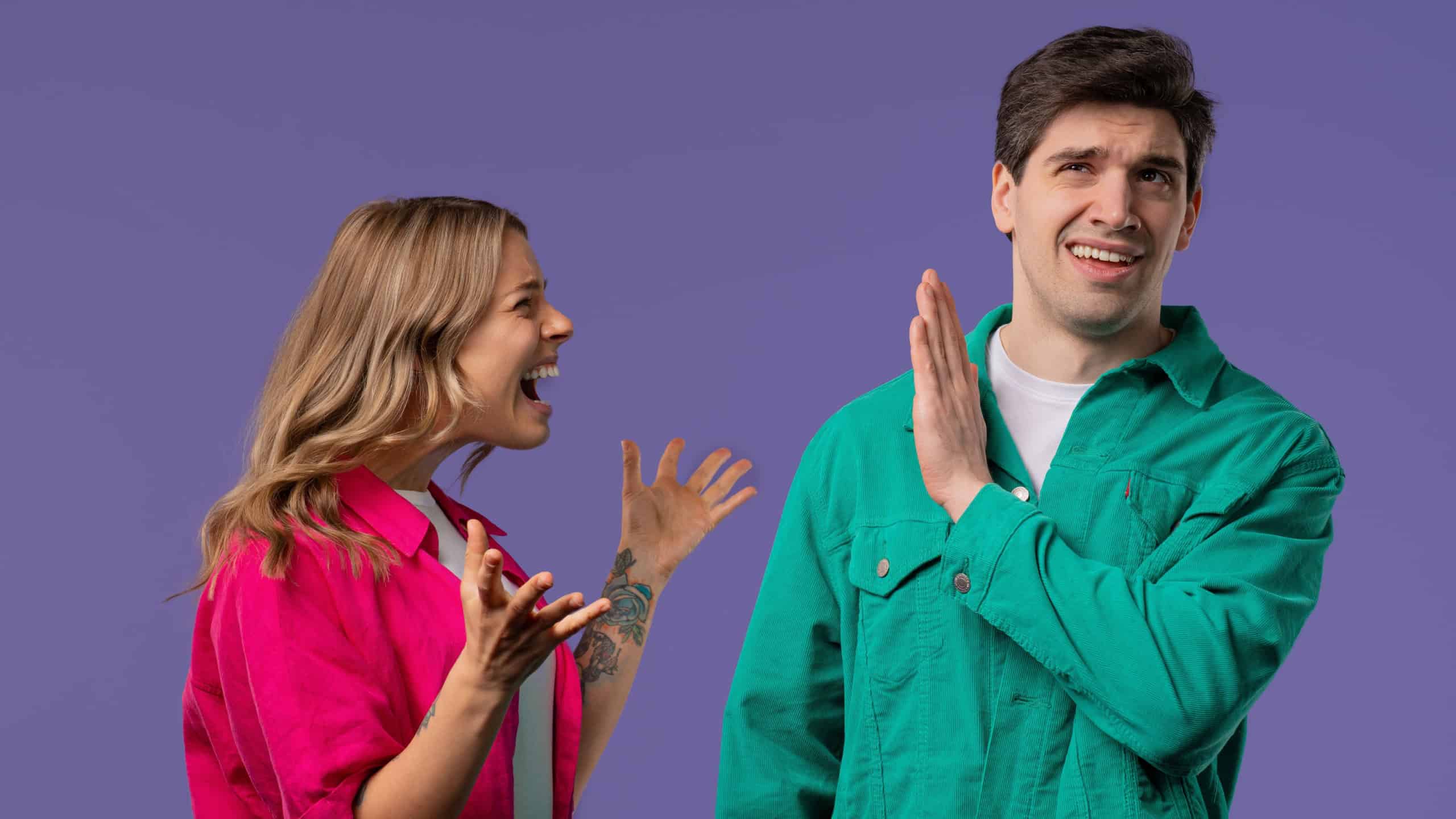 Young woman screaming on husband or boyfriend On violet. Tired man rolling eyes. Concept of conflict, quarrel, problems in couple relationships.