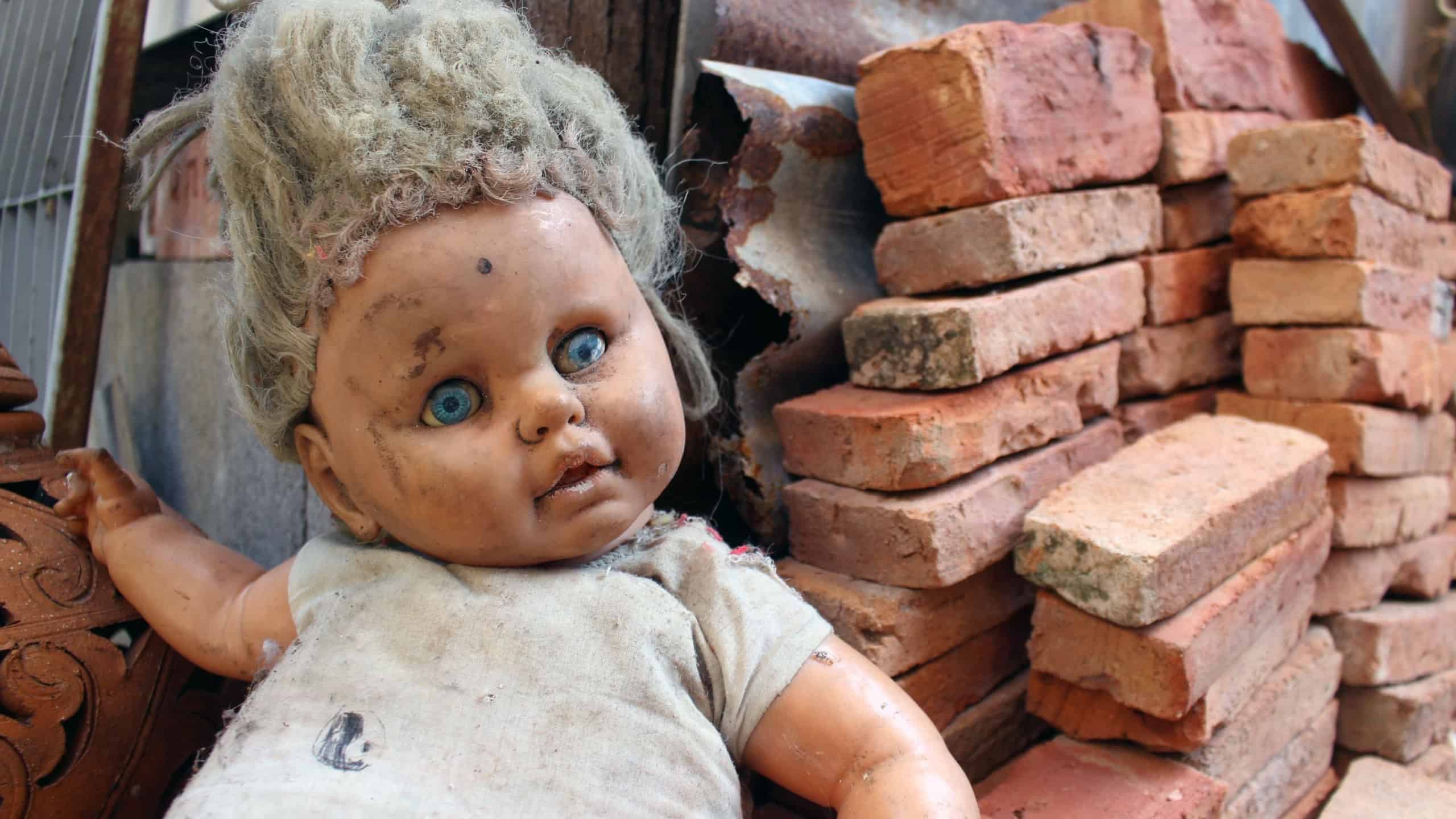 Scary horror doll Creepy doll Halloween concept, Close up of Ghost doll mystic in abandoned places background