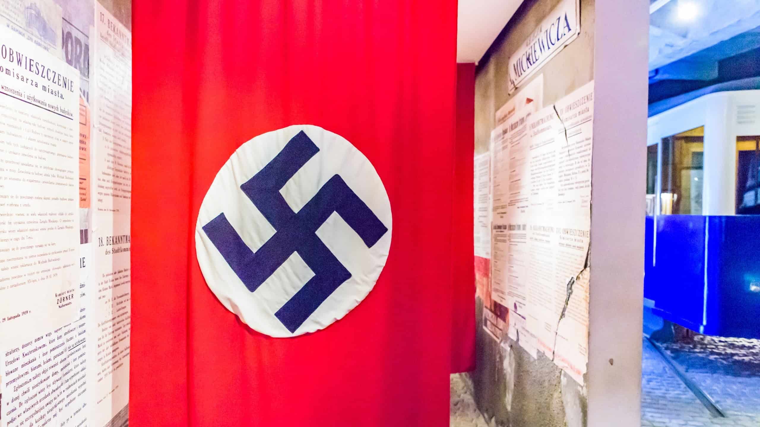 Nazi flag and historic exhibition showing the occupation period during World War II