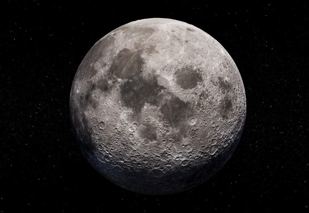Full moon on night black sky with stars in the background, moon isolated on night sky