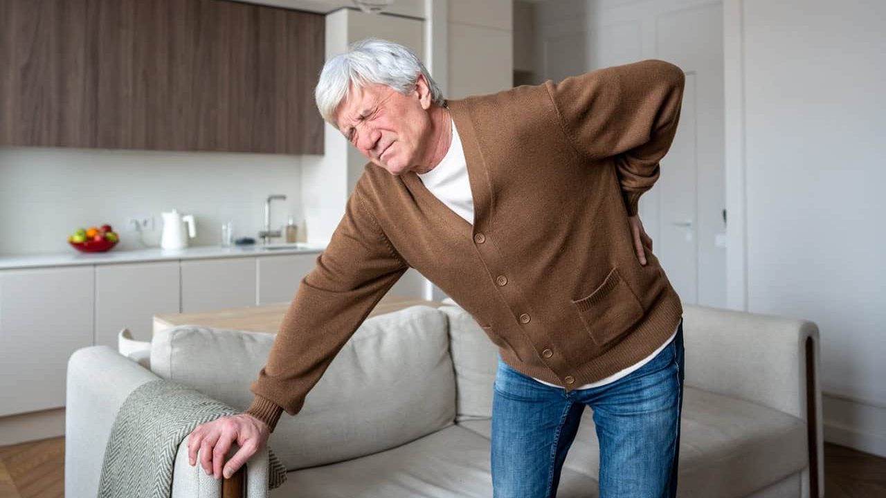 Lonely retiree with backache leans on sofa for support due to severe lumbar pain. Old male suffer from osteoporosis, pinched nerves, muscle atrophy, abandoned elderly, self care difficulties, hernia