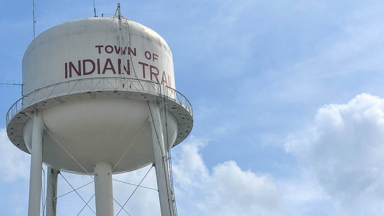 Indian Trail, NC - June 14, 2025: Town of Indian Trail Water Tower Against Blue Sky.