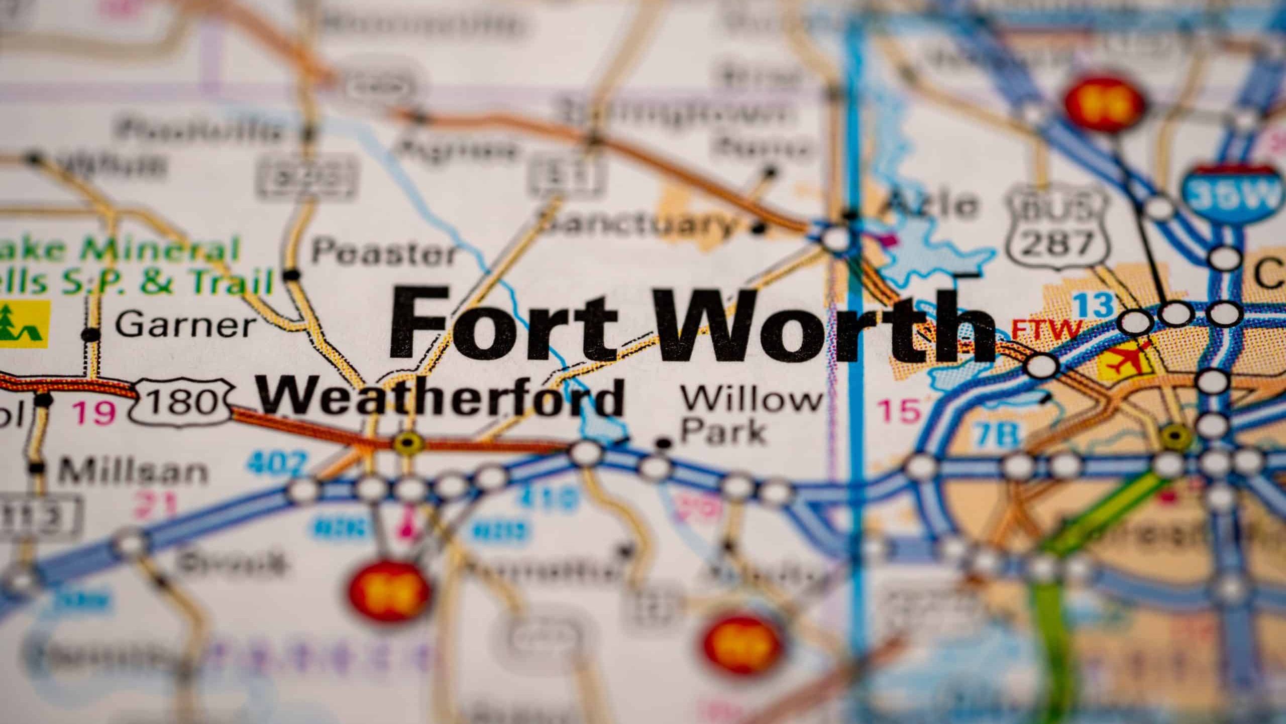 Fort Worth, Texas in the United States, highlighted on a world map.
