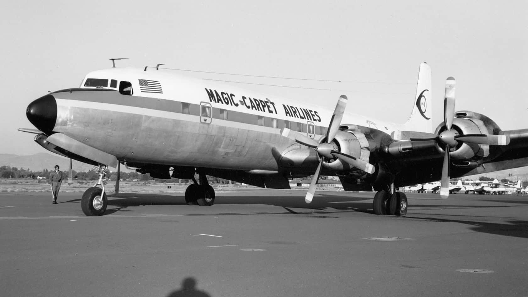 A DC-7C (N5903) painted in the livery of fictional airline Magic Carpet Airlines for the 1973 film American Graffiti.