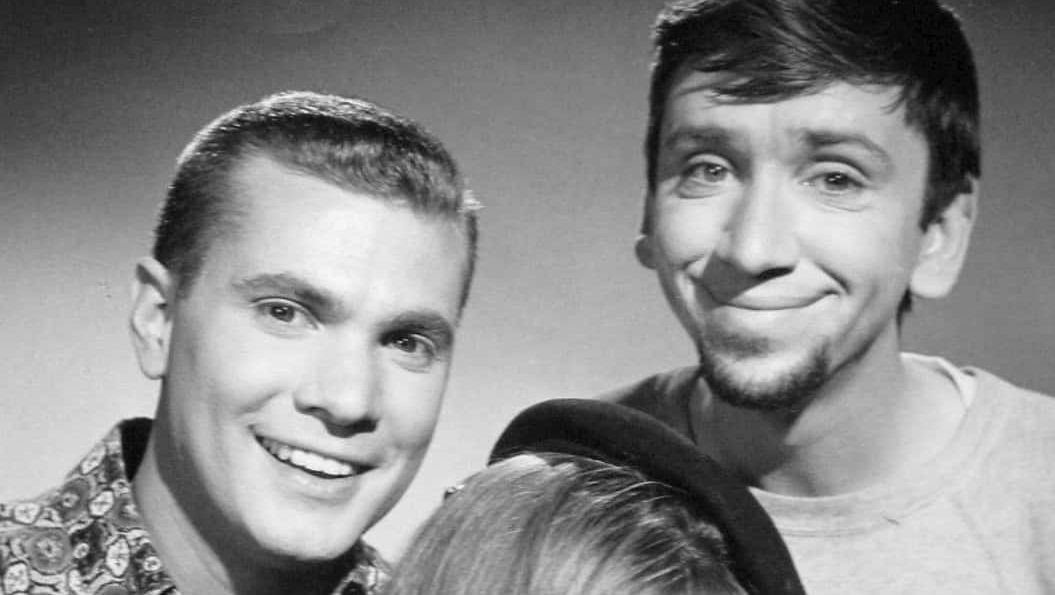 Publicity photo of Dwayne Hickman, Bob Denver, and Danielle De Metz from the television show The Many Loves of Dobie Gillis.